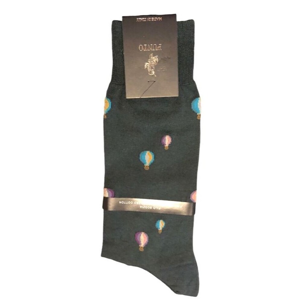 Punto Italian Mens Dress Socks Cotton Dark Green Hot Air Balloon Italy Sz 10-13